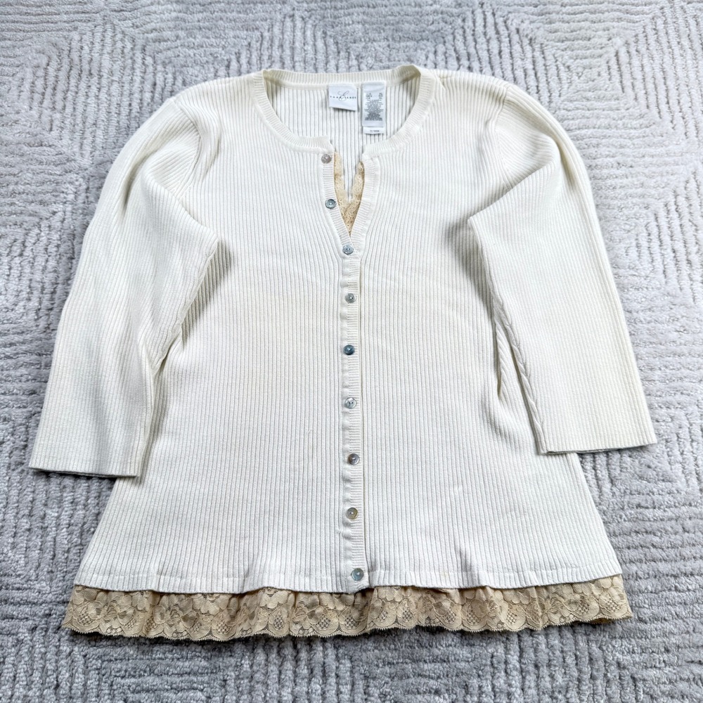 Emma James Cardigan Women's XL Cream Lace Trim Ribbed Coquette Romantic Shabby